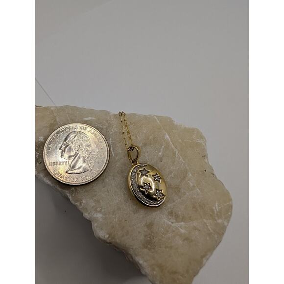 14K Yellow Gold Oval Pendant Moon Stars Diamond Accent Necklace 18" - Picture 3 of 11